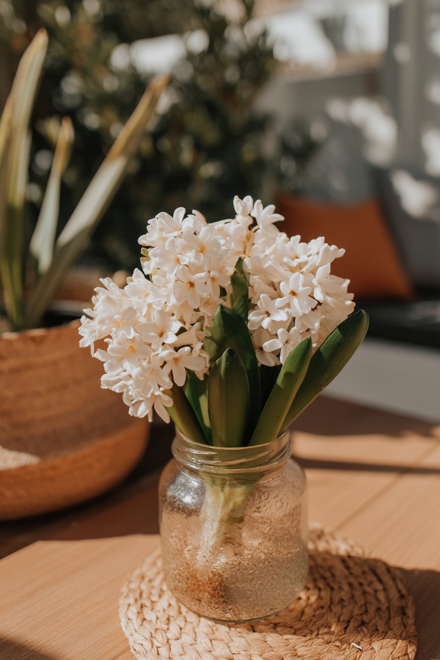 Einmachglas mit weißen Hyazinthen als Frühlingsdeko