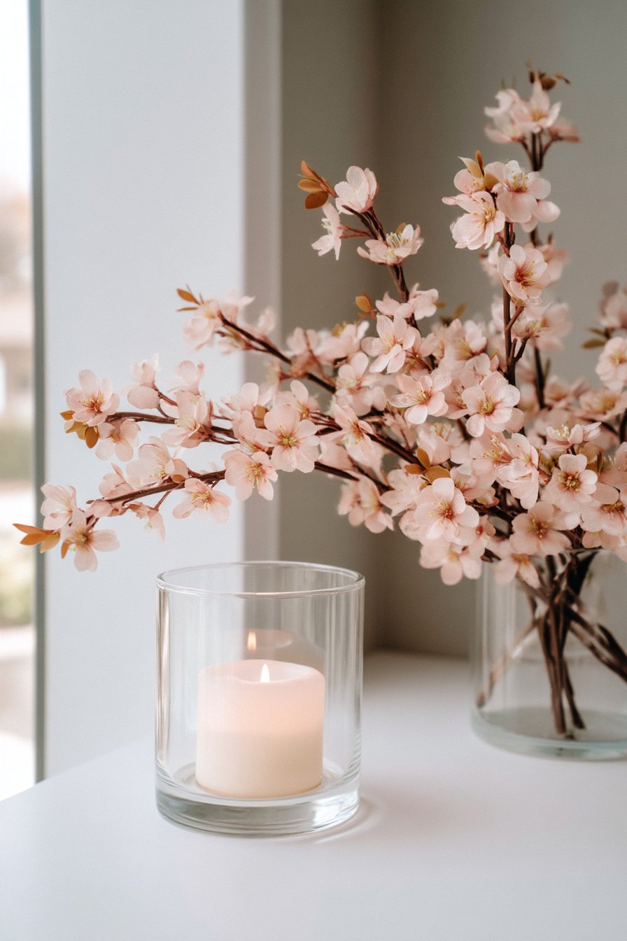 Glas mit Kerze und künstlichen Kirschblütenzweigen im Frühling