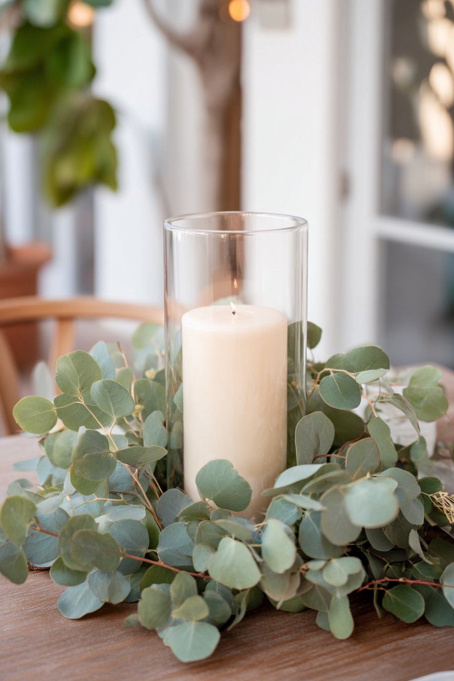Windlichtglas mit Kerze und Eukalyptus dekoriert