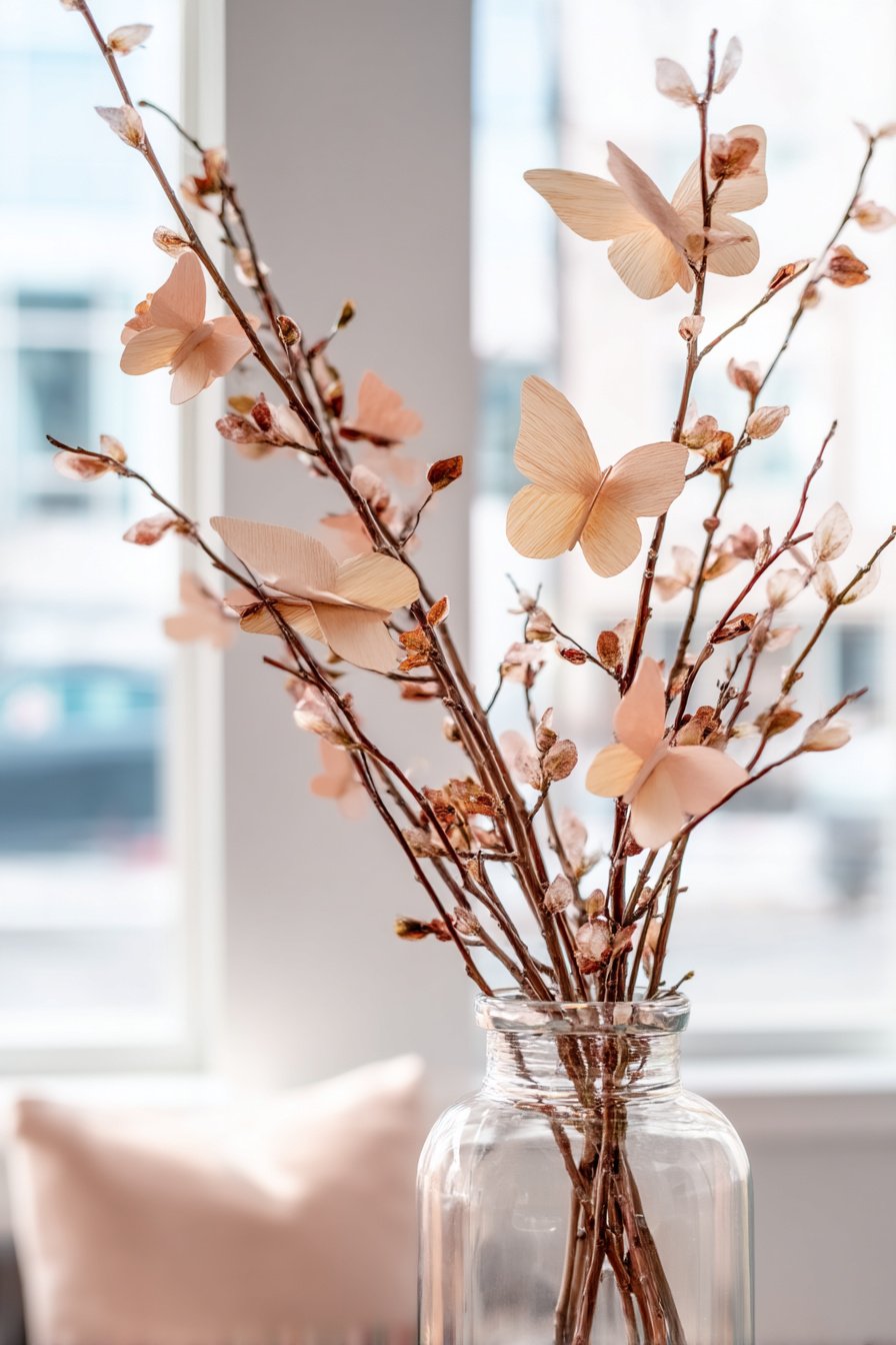 Klarglasvase mit Zweigen und Papier-Schmetterlingen dekoriert