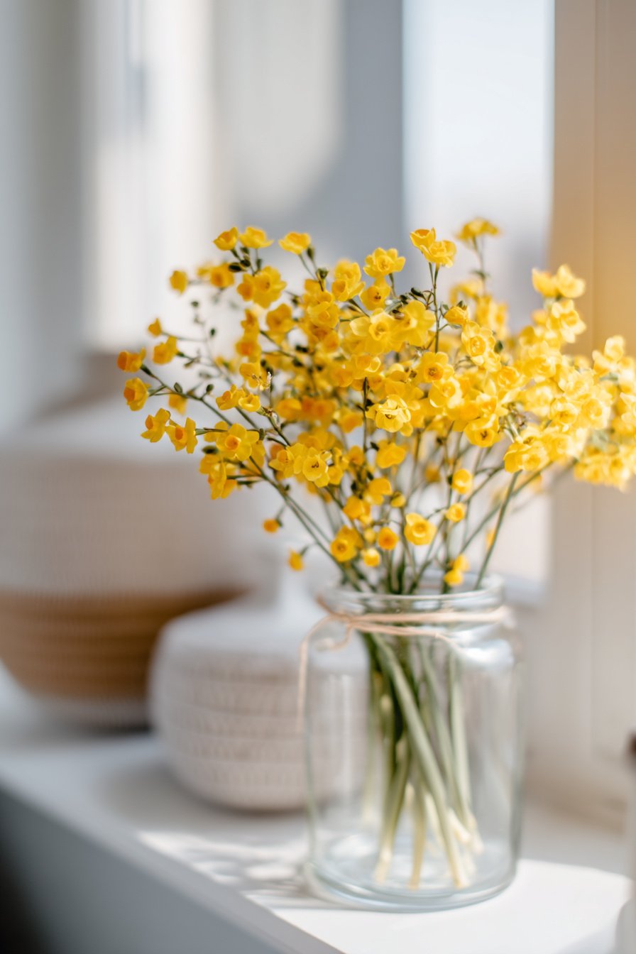 Einmachglas mit gelben Mini-Narzissen im Frühling