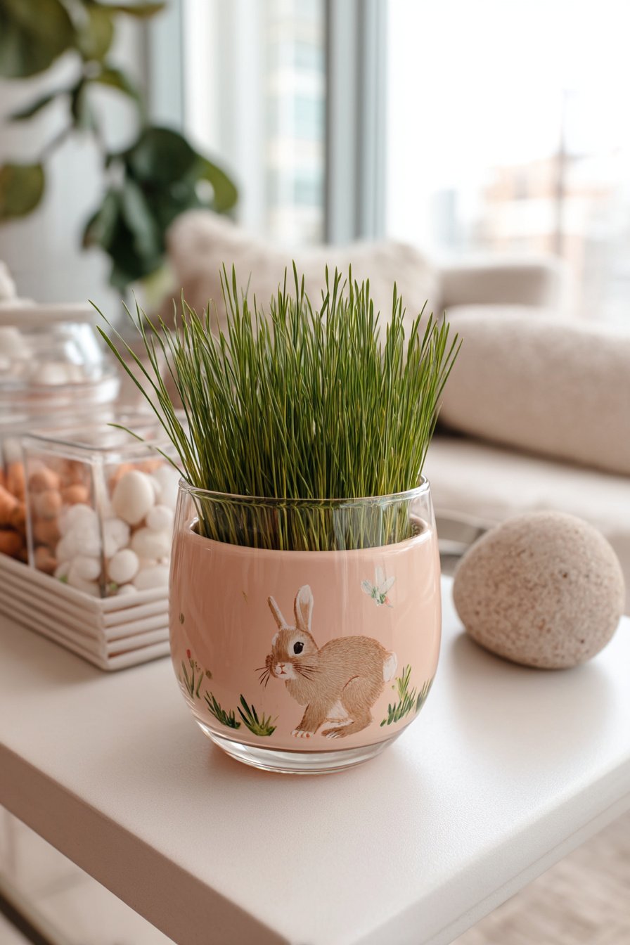 Kleines Glas mit Hasenmotiv und grünem Ostergras