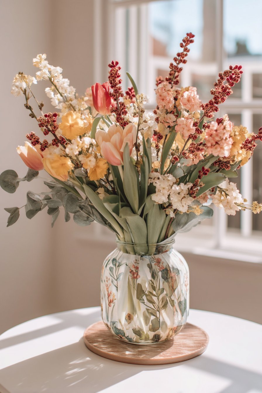 Glasvase mit bunter Frühlings-Serviettentechnik