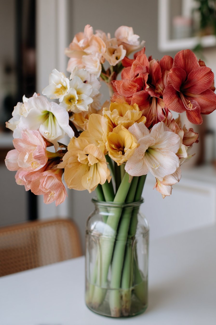 Vintage-Milchflasche mit bunten Amaryllis als Frühlingsdeko